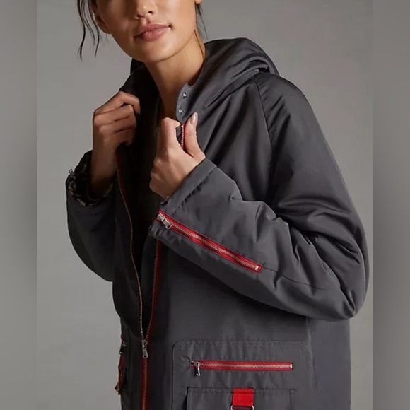 Maeve by Anthropologie Sporty Utility Dark Grey Hooded Coat Fur Interior •M• NWT - Picture 1 of 11